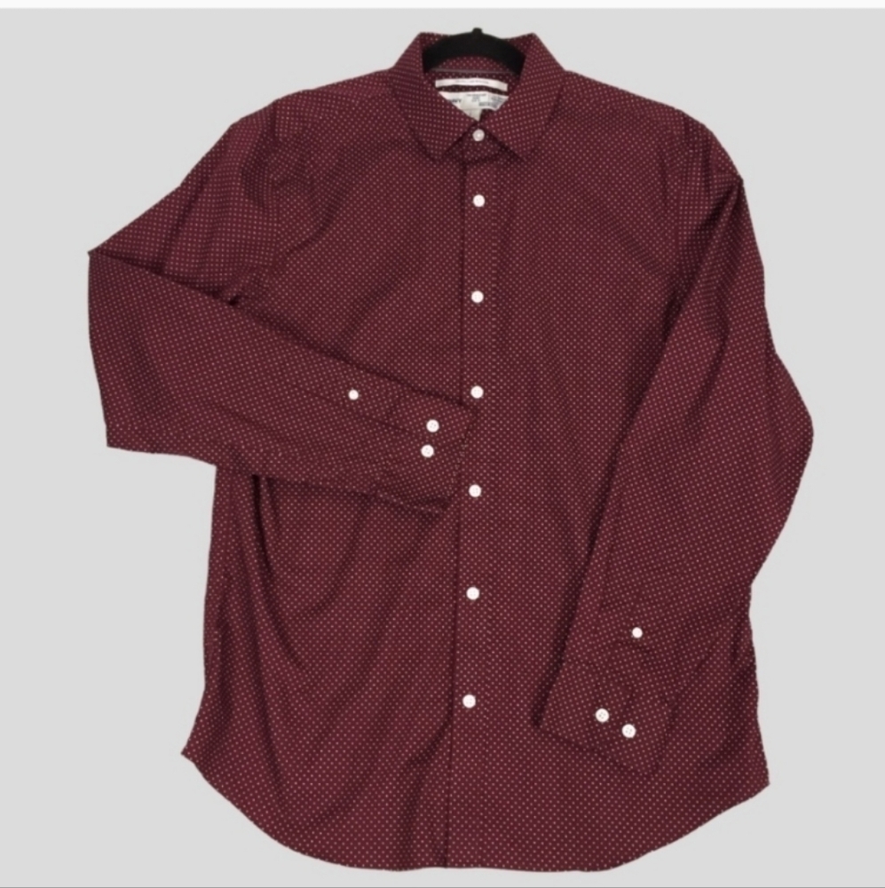 Old Navy Slim Fit Shirt Mens Large Non-iron Wine with Polkadot Cotton Spandex